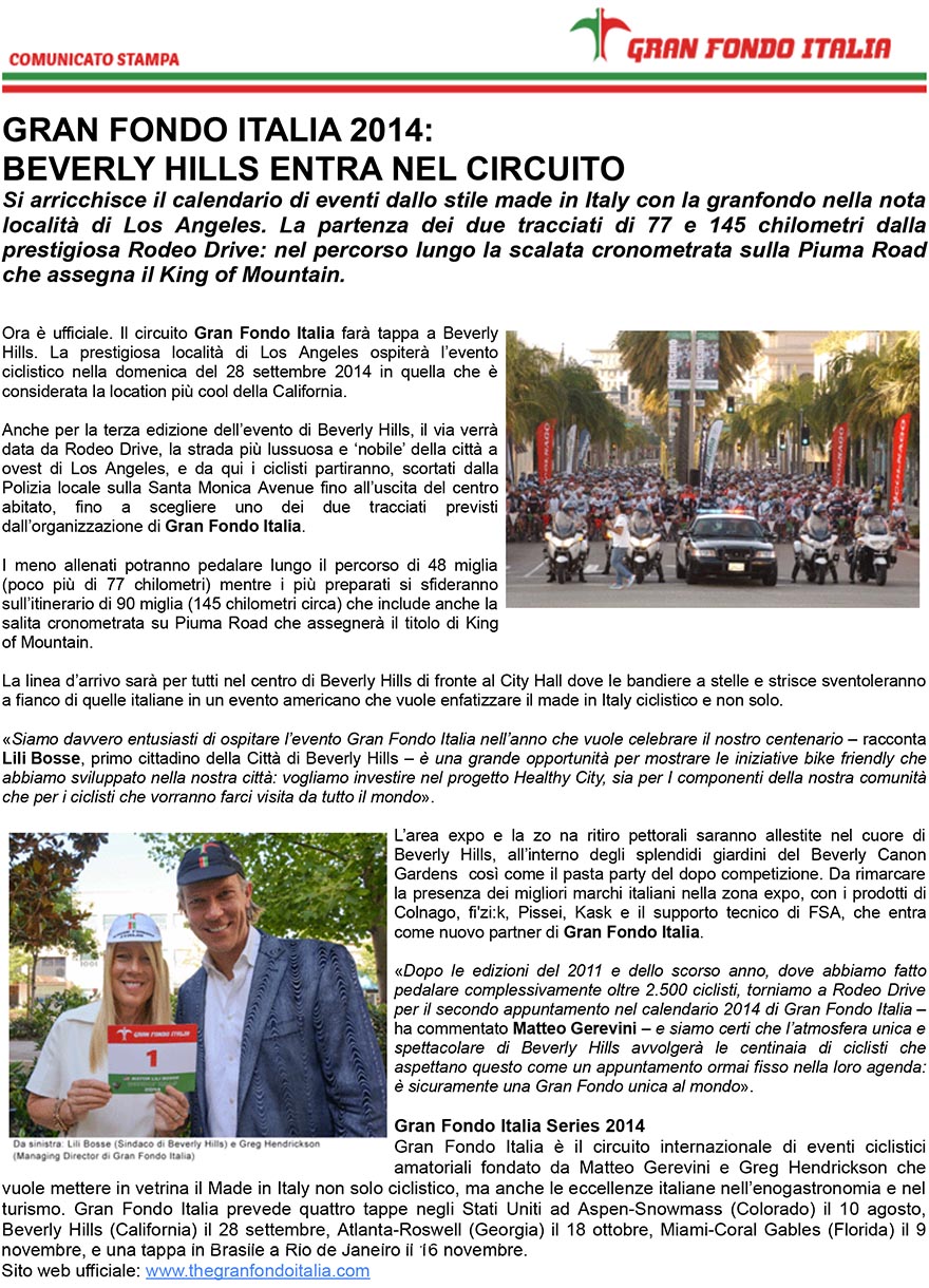 CICLISMO Beverly Hills diventa la seconda tappa di Gran Fondo Italia il format che esporta il ciclismo made in Italy in tutto il mondo
